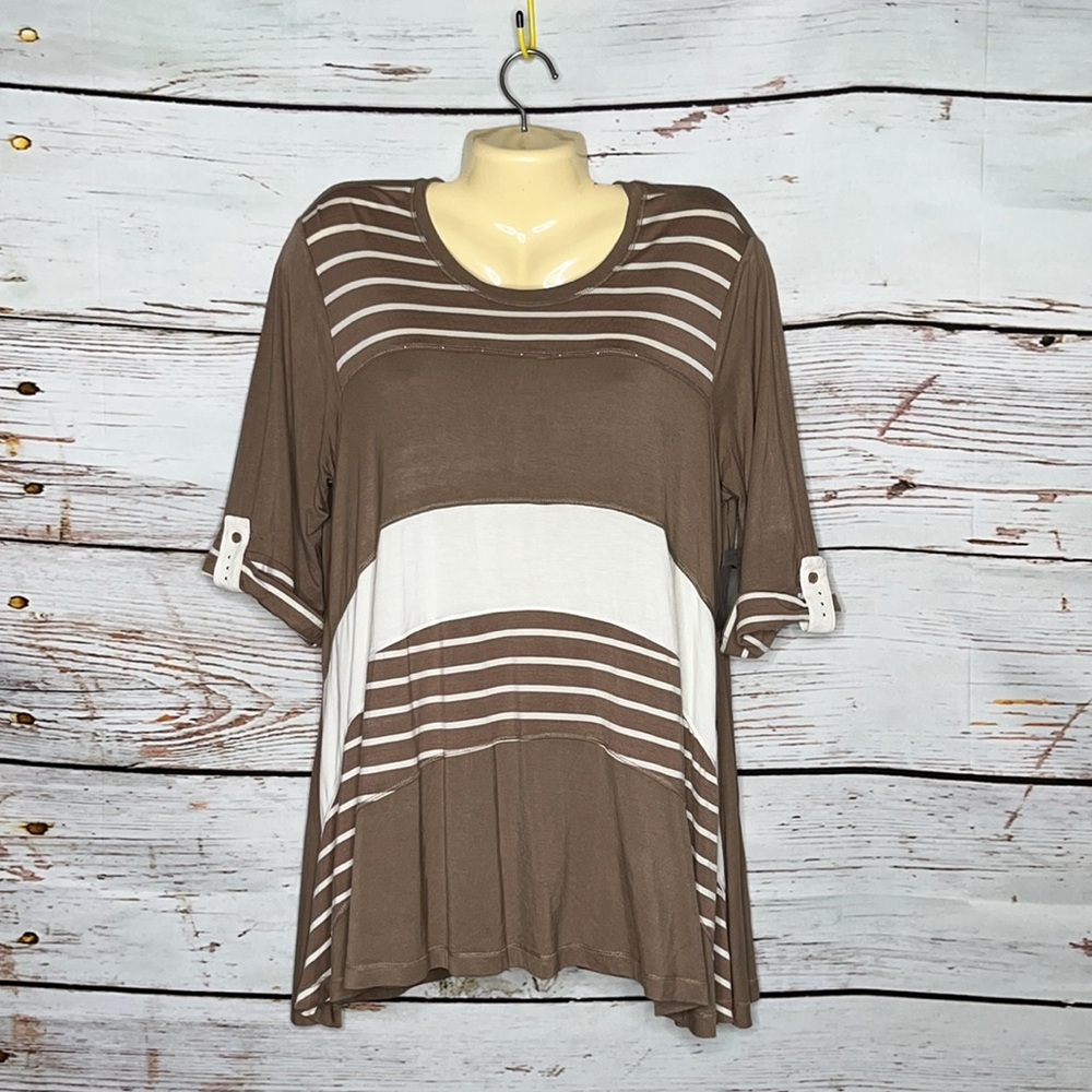 Vincente NWT Size L Brown & White Stripe Asymmetrical Hem Rayon Knit Tunic Top
